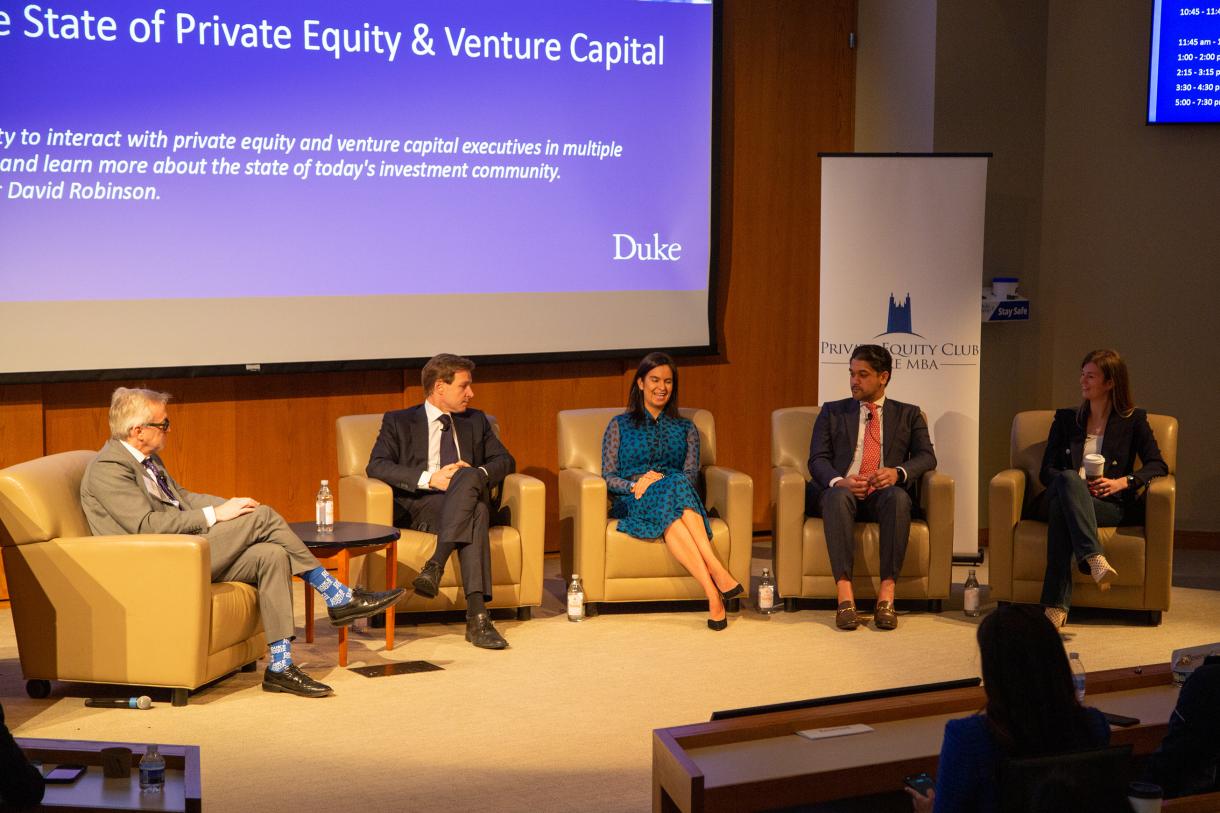 Professor David Robinson, left, with panelists Dave Nowak, Kerstin Dittmar, Rahul Jain, and Sarah Hinkfuss on stage at the 2023 PEVC (Private Equity and Venture Capital) Conference