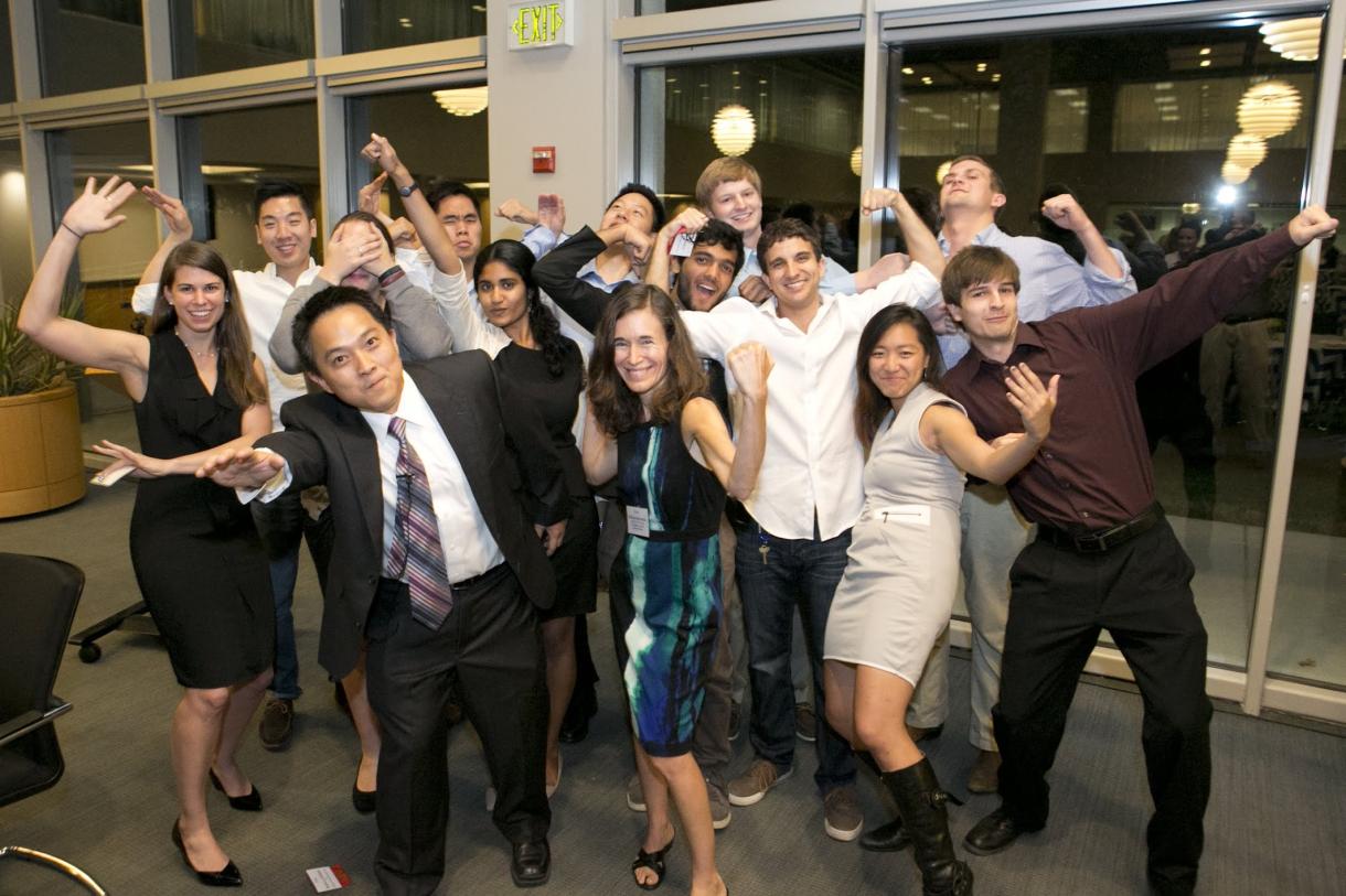 Rhee and Melissa Bernstein ’87 pose with the inaugural cohort of the Melissa & Doug Entrepreneurs program; alumni from this cohort include Gary Sheng (Civics Unplugged), Janvi Shah (Hue), Alan Ni (Grow Therapy), Arun Karottu (SmartMetals Recycling, now Sprout), Josh Miller (FarmShots, acquired by Syngenta), and Becky Holmes (Ello Raw).