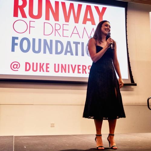 Emma Steadman ’22 addresses the audience at the 2022 Runway of Dreams fashion show